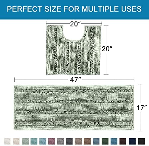 H.VERSAILTEX Bathroom Rugs Bath Rug Set 2 Piece Bathroom Contour Rug Toilet Mat Sets Non Slip Contour Bath Rug Ultra Thick Water Absorbent Striped Bath Mats Washable(47" x 17" Plus 20" x 20" U, Sage) - Image 2