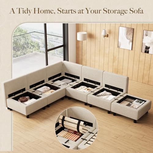 Belffin 107.1" 6 Seats L Shaped Couch Modular Sectional Sofa Seat Couch with Storage Comfy Washable Sectional Couches for Living Room Sofas with Chaise,Beige - Image 3