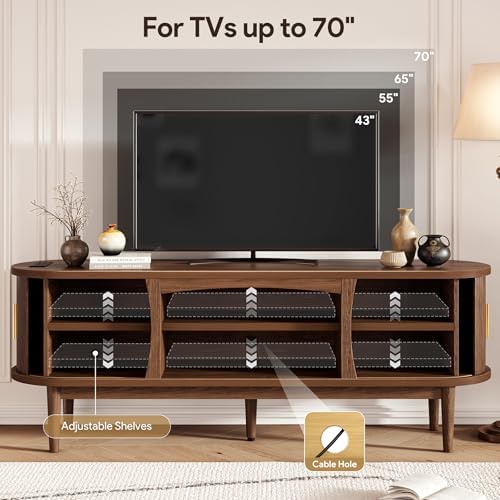 Decofy Mid Century TV Stand for TVs up to 70 Inches Entertainment Center with Storage, Power Outlet, Fluted Sliding Doors & Adjustable Shelves, Modern Media TV Console Table for Living Room (Walnut) - Image 3