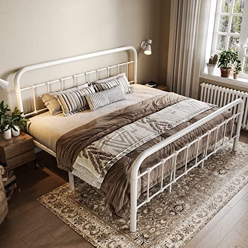 Allewie King Metal Bed Frame with Victorian Iron-Art Headboard, White - Image 3