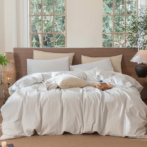 MooMee Striped Duvet Cover Set 100% Washed Cotton Linen Like Super Queen by MOOMEE