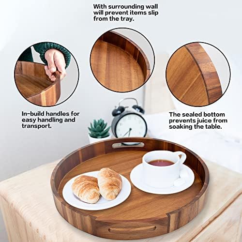 Round Wood Serving Trays Set of 2, Ottoman Tray Rustic Acacia Wooden Trays with Handles, Nesting Circle Tray with 4 Coasters for Coffee Table Living Room Bathroom Bedroom Party - Image 5