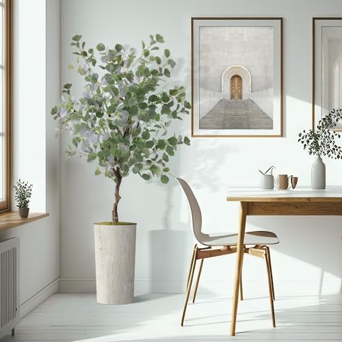 Artificial Tree in Modern Swirl Pattern Planter, Fake Eucalyptus Silk Tree for Indoor and Outdoor Home Decoration - 66" Overall Tall (Plant Pot Plus Tree) - Image 6