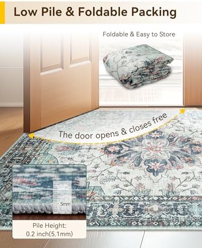 RELEANY Washable Area Rug, Runner 2'x10', Teal Green/White/Navy - Image 6