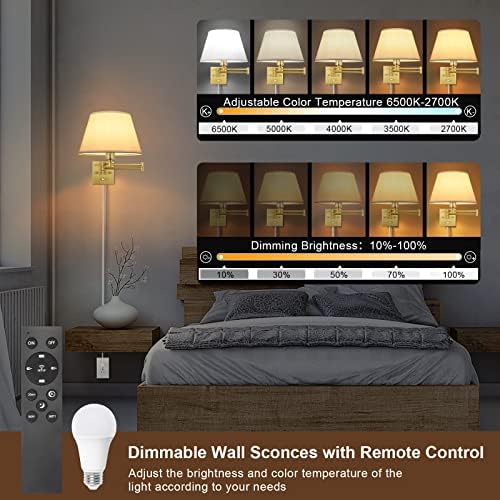 TRLIFE Remote Control Dimmable Wall Sconce, Adjustable Color Temperature 2700K-6500K Brushed Brass Swing Arm Wall Lights with Plug in Cord, 11.8" Large White Shade(2 Pack, 2 Bulbs) - Image 3