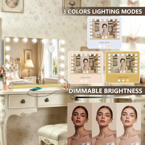 Ratsamee Gold Hollywood Vanity Mirror with Lights, 17 Dimmable Bulbs, 3 Color Lights,Make Up Lighted Mirror, Aluminum Metal Frame, USB Charging Port（26" x 20"） - Image 3