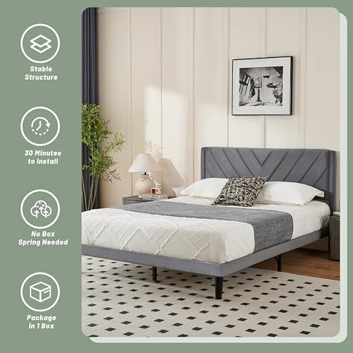 Full Size Platform Bed Frame with Velvet Headboard, Wing Edge, Sturdy Wooden Slats, Noise-Free, No Box Spring Needed, Easy Assembly, Grey - Image 6