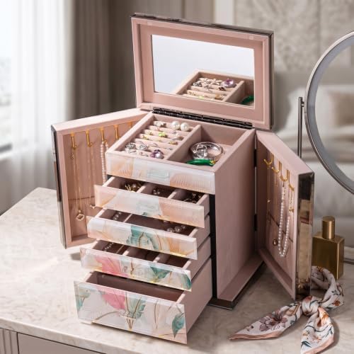 High End Glass Jewelry Box for Women, 5 Layer, Pink Floral - Image 3