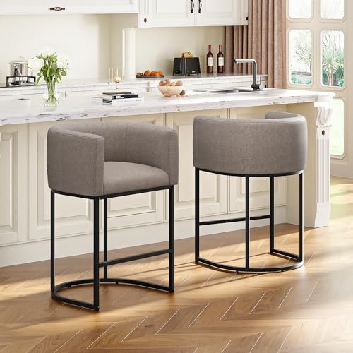 26" H Counter Height Bar Stools Set of 2, Modern Barrel Counter Stools with Backrest and Arms, Linen Fabric Upholstered Accent Barstools for Kitchen Island,Support 450 LBS (Sand) by VATROS