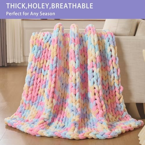 Bigacogo Chunky Knit Throw Blanket for Couch, 51x63 inches, Pink Blue Mix - Image 4