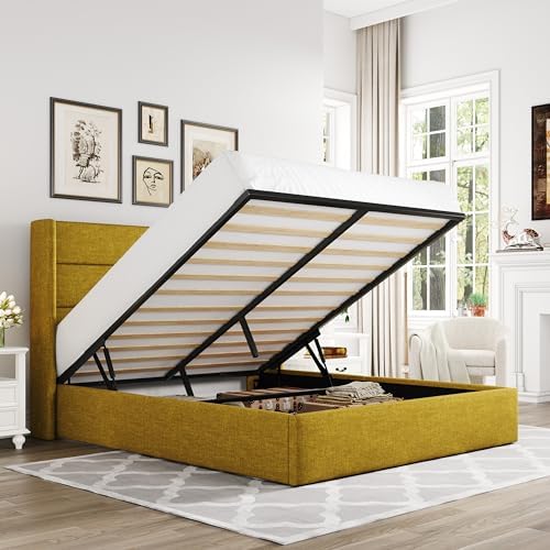 Allewie Queen Size Lift Up Hydraulic Storage Bed Frame Olive Yellow by Allewie