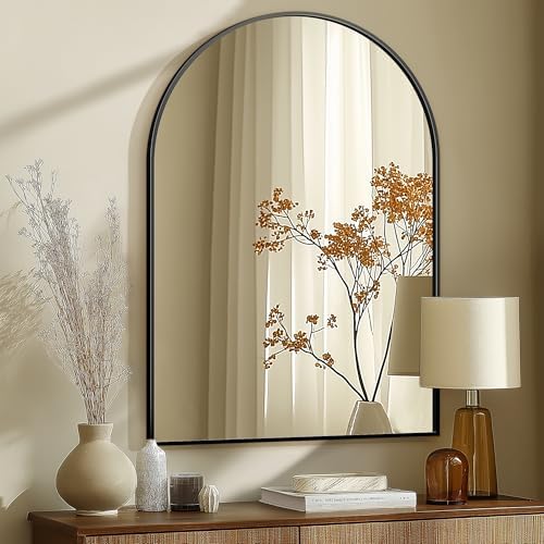 Arched Bathroom Mirror for Wall, 40" x 28" Metal Frame Vanity Mirror, Black by TRAHOME