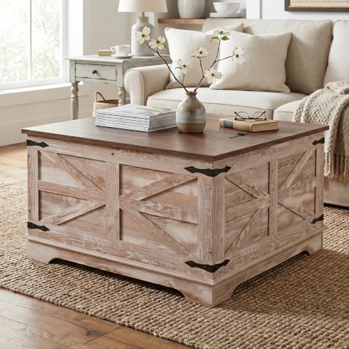 senlin Farmhouse Coffee Table, Heavy-Duty Coffee Table with Storage, Square Wood Center Table Set for Living Room with Pull Up Large Hidden Storage Compartment,Rustic Brown - Image 3
