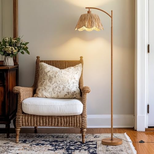 Oneach Rattan Floor Lamp for Bedroom, Boho Floor Lamp with Foot Switch, Farmhouse Standing Lamps for Living Room with Hand-Woven Shade, Walnut Metal Base & Pole - Image 6