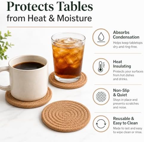ABenkle Woven Coasters for Drinks Set of 6, Boho Absorbent Drinking Coaster, 4.3 Inch - Perfect Housewarming Gift, Home Decor, Bar Essentials for Coffee Table - Image 5