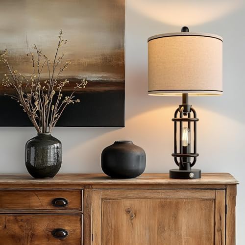 G-SAFAVA 24'' Table Lamps for Living Room Bedroom Industrial Touch Lamp with USB A+C Ports, Night Light Farmhouse Vintage Nightstand Bedside Lamps for Night Stands Metal Black, Bulbs Included - Image 2