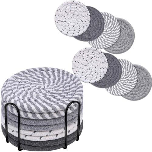 Drink Coasters 8 Pack with Holder, 4-Color Cotton Woven Absorbent Coasters Set, Minimalist 4.3in Cup Mat for Home Decor, Dining Table, Living Room, Tabletop-Protection for Coffee Beverage-Grey by Brillirare