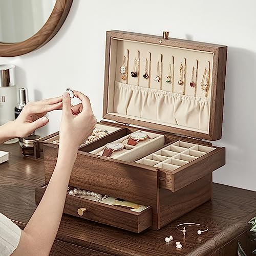 CHOSIN Black Walnut Wooden Jewelry Box for Women, 3 Level Multi-functional Drawer Organizer Box Watch Necklace Ring Earring Storage, Ideal Gift for Her - Image 6