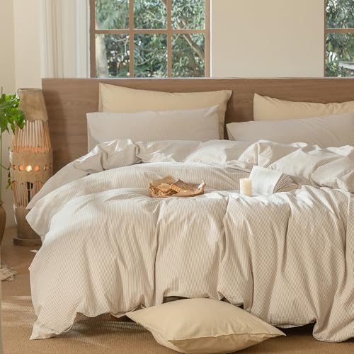 MooMee Striped Duvet Cover Set 100% Washed Cotton Linen Like Full - Image 6