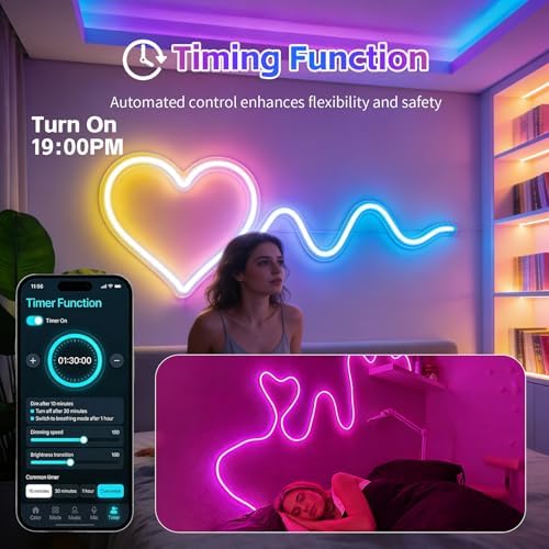 50FT RGB LED Neon Rope Lights, App & Remote Control, Flexible Waterproof IP65 Led Strip Lights, Music Sync Color Changing Multiple Modes Neon Lights for Bedroom Gaming Room Indoor & Outdoor Decor - Image 4