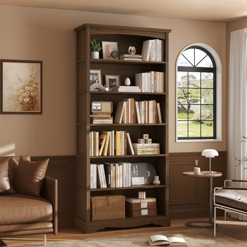 TVU 6-Tier Wooden Bookshelf, 76 Inch Tall Bookshelf with Storage, Floor Standing Modern Style Display Bookcase for Living Room, Office, Study Room, Entryway, Brown - Image 2