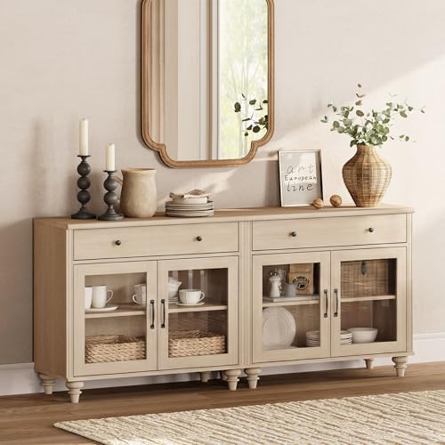 WAMPAT Sideboard Buffet Cabinets with 4 Glass Doors, Kitchen Storage Cabinets, Wooden Coffee Bar Tables with Vintage Gourd Leg, Accent Sideboard Credenza Table for Dining Room, Living Room, Beige, 68" - Image 3