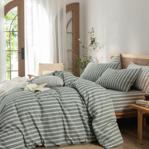 BESTOUCH Striped Cotton Duvet Cover Set Linen Feel Oversized King - Image 4