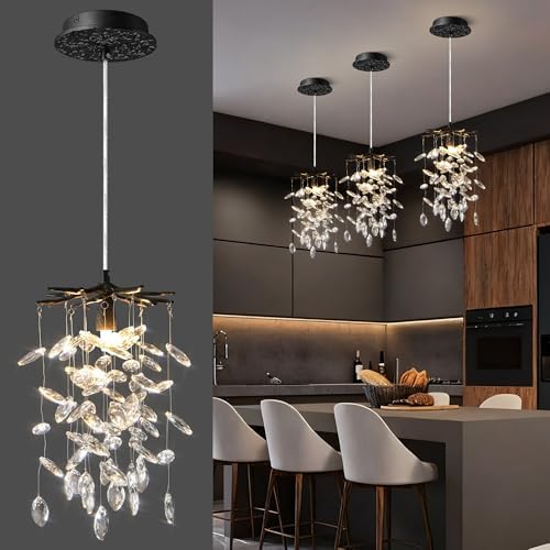 8.3" Black Crystal Pendant Light for Kitchen Island, Modern Tree Branch Chandeliers, Luxury Round Raindrop Chandelier Pendant Lights Fixture for Dining Room, Living Room, Bedroom, Foyer, Entryway by YUYILIGHTING