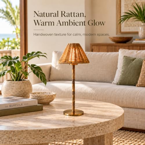 Bamboo Cordless LED Table Lamp – Rechargeable 24-Hour Battery, Dimmable Warm Light, Portable Wireless Lamp with Remote for Indoor/Outdoor Use, Home, Patio, Restaurant – (NATURAL RATTAN), 14.95" Tall - Image 2