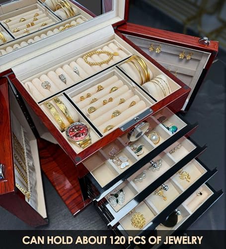 Jewelry Box Wood Jewel Organizer with Fingerprint Lock Safe, 7-Layer Large Locking Jewelry Storage Box with Necklace Hanger for Women Mens Gift (5L-RS) - Image 3