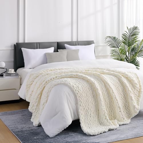 L'AGRATY Chunky Knit Throw Blanket for Couch, 72 x 84 Inches, Cream White - Image 2