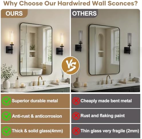 Hardwired Wall Sconces, Black and Gold Bathroom Sconces Wall Lighting with Clear Glass, Modern Sconces Wall Decor Set of 2 Bathroom Light fixtures for Mirror Hallway - Image 2
