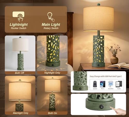 OYEARS 22'' Table Lamp Set of 2 for Living Room, Farmhouse Lamp for Bedroom, Vintage Bedside Lamps with Retro Design and USB Ports, Linen Shade for Home Office (Bulb Included, Green) - Image 2