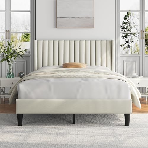 Yaheetech Full Bed Frame with Headboard,Ivory Channel-Tufted Platform by Yaheetech