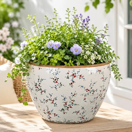 Geetery 10" Large Country Ceramic Pots Beige Vintage Floral Planters Decorative Plant Pot Wide Mouth with Drainage Hole for Indoor Outdoor Orchid Houseplant Home Office Shelf Table Decor Gift - Image 5