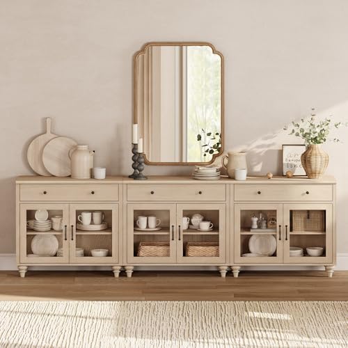 WAMPAT Sideboard Buffet Cabinets with 6 Glass Doors, Large Kitchen Storage Cabinets, Wooden Coffee Bar Tables with Vintage Gourd Leg, Sideboard Credenza Table for Dining Room, Living Room, Beige, 102" by WAMPAT