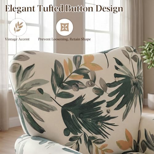 YOLENY Mid Century Wingback Arm Chair, Modern Upholstered Fabric High Back Accent Chair with Wood Legs, Upholstered Single Sofa Club Chair for Living Room, Bedroom, Home Office, Grey Green Leaves - Image 4