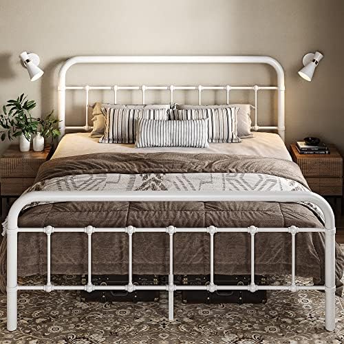 Allewie Full Metal Bed Frame with Victorian Iron-Art Headboard, White by Allewie