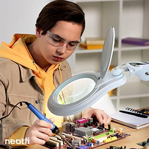 Neatfi LED Magnifying Lamp 1,200 Lumens with Clamp – 5” 5-Diopter Glass Lens, Dimmable Task Light | Adjustable Arm | Reading, Sewing & Crafting (White, 5-Diopter) - Image 2