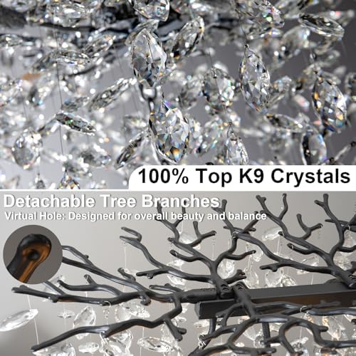 71" Black Crystal Chandelier, 20-Light Modern Tree Branch Chandeliers for Dining Room, Luxury Rectangular Chandelier for Kitchen Island, Living Room, Foyer, K9 Crystal Raindrop Pendant Light Fixture - Image 6