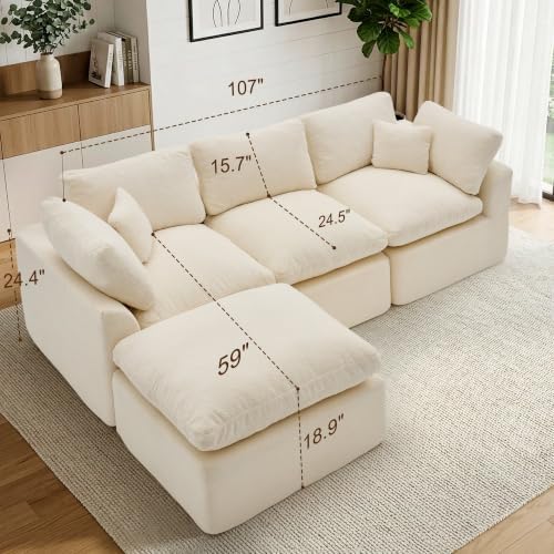 Korser 110" Cloud Sectional Boneless Couches for Living Room, Modern Modular Sectional Sofa with Ottoman, Cloud Couch with Comfy Deep Seats, Cut Pile Chenille L-Shape Sofa Couch for Living Room, Beige - Image 2