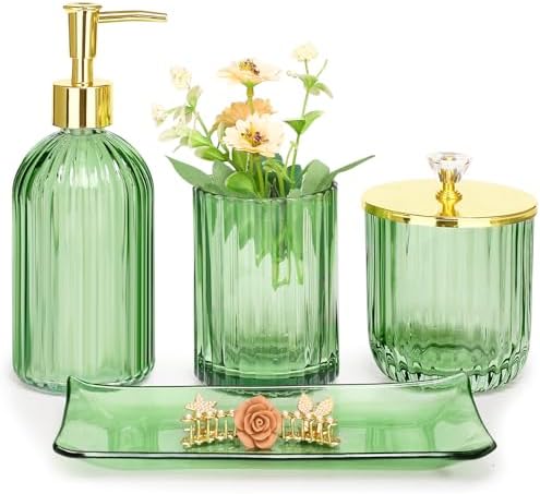 Haturi Glass Bathroom Accessories Set, Green Bathroom Set, 4 Pcs by Haturi