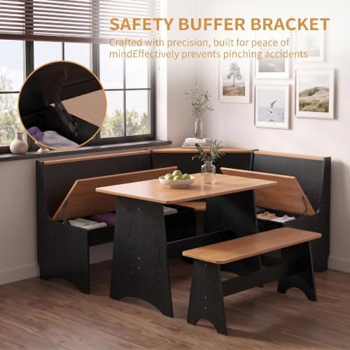 Farmhouse Breakfast Nook Table Set with L-Shaped Bench & Storage, Reversible Seating for 3-4, Easy-Clean Waterproof Laminate, Space-Saving Corner Design (Black + Natural) - Image 5