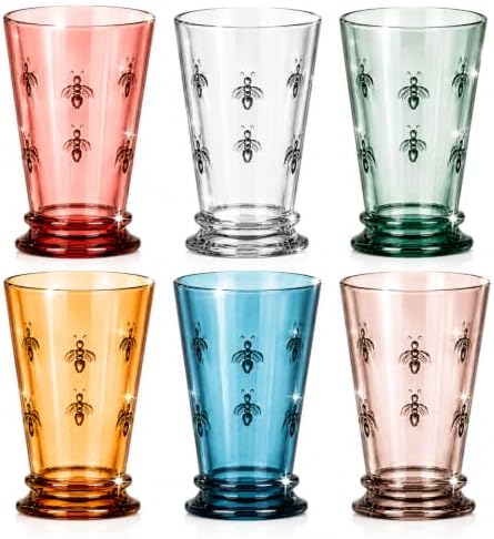 French Bee Highball Glasses | Set Of 6 | Colored Drinking Glass 13 OZ, Old Fashioned Glasses with Bees Embossed Design, Fine Crystal French Glassware, Drinking Glasses, Heavy Water & Juice Glasses by Khen