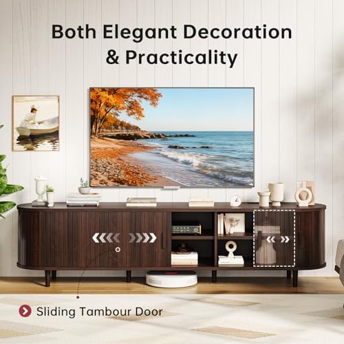 MXV 70" Mid-Century Modern TV Consoles with Sliding Doors, TV Stand with Power Outlet, Fluted Entertainment Center with Adjustable Shelves, for Living Room - Image 4