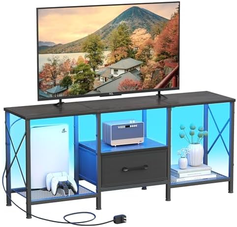 JARHETUN LED TV Stand with Fabric Drawer, Entertainment Center for 50 55 Inch TV, Industrial TV Console Table with Open Storage Shelves for Living Room, Bedroom, Black by JARHETUN
