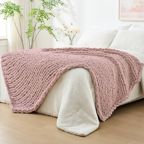 Bigacogo Chunky Knit Throw Blanket for Couch, 40x80 inches, Dusty Pink by Bigacogo