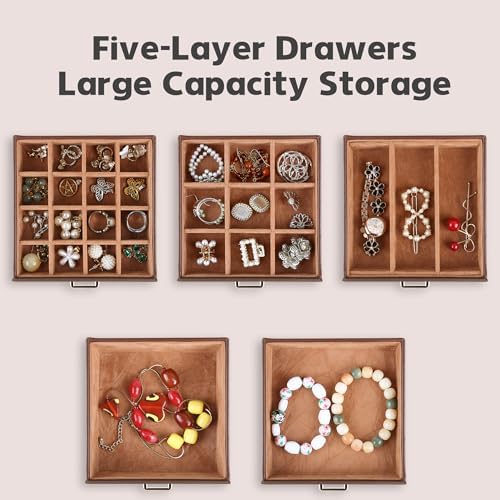 Kendal Jewelry Box, 6-Layer Jewelry Storage Organizer for Necklace Bracelet Rings Watch, 10.2"x8.2"x6" Classic Brown PU Leather 5 Drawers Large Storage Capacity with Mirror - Image 3