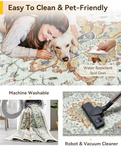 RELEANY Washable Area Rug, Runner 2'x6', Beige/Carbon Grey/Orange - Image 6