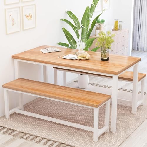 Recaceik Dining Table Set for 4 Kitchen Dining Room Set with 2 Dinner Benches, Farmhouse Breakfast Table for Apartment Small Space, Easy Assembly by Recaceik